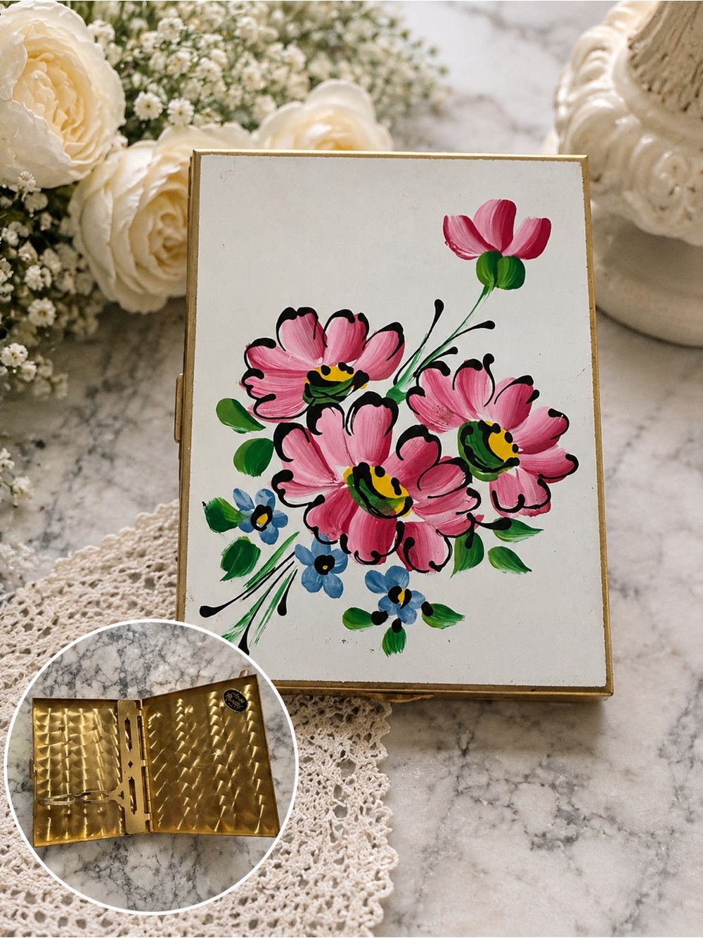 Vintage Hand Painted Floral Business Card Holder Gold Tone Enamel Desk Accessory